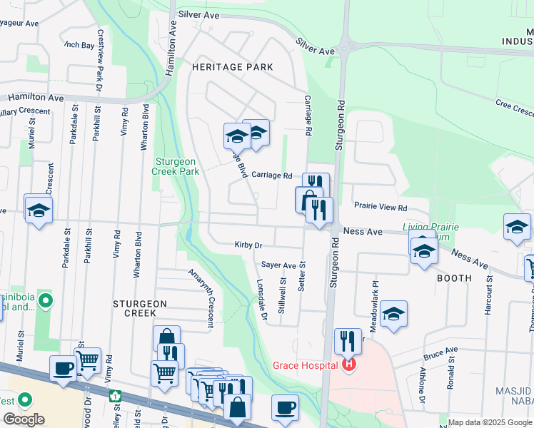 map of restaurants, bars, coffee shops, grocery stores, and more near 3071 Ness Avenue in Winnipeg