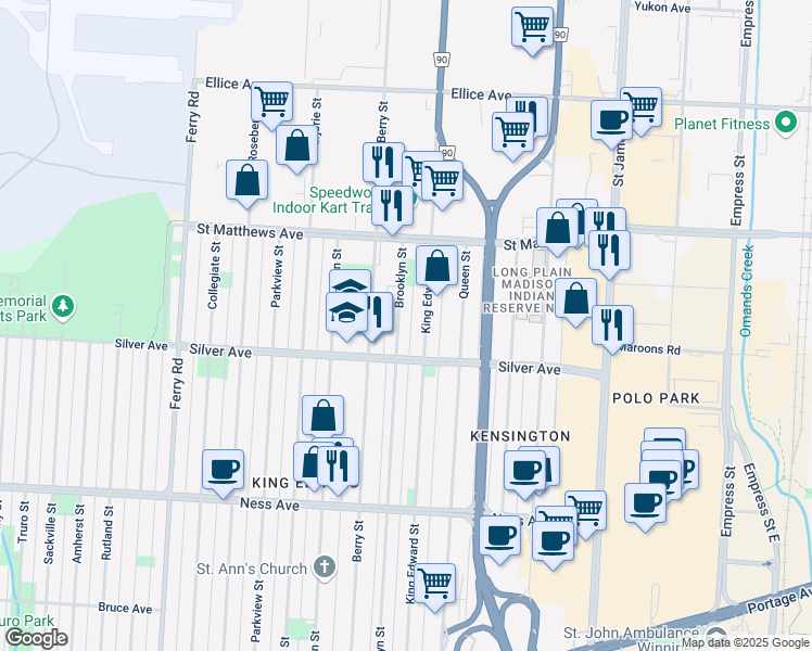 map of restaurants, bars, coffee shops, grocery stores, and more near 455 Brooklyn Street in Winnipeg