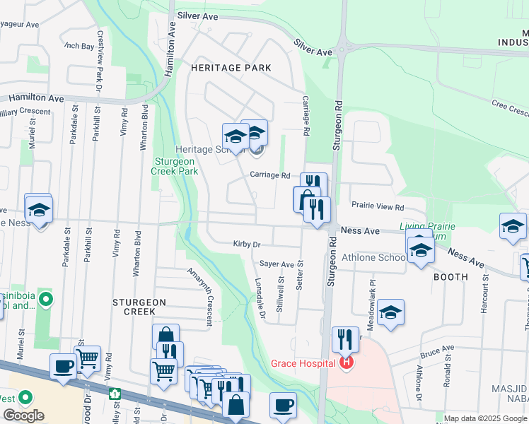 map of restaurants, bars, coffee shops, grocery stores, and more near 3071 Ness Avenue in Winnipeg