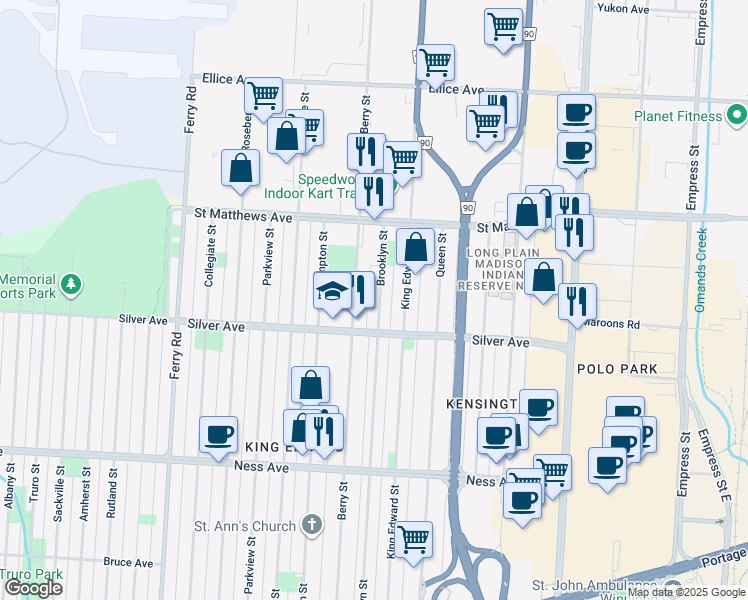 map of restaurants, bars, coffee shops, grocery stores, and more near 455 Brooklyn Street in Winnipeg