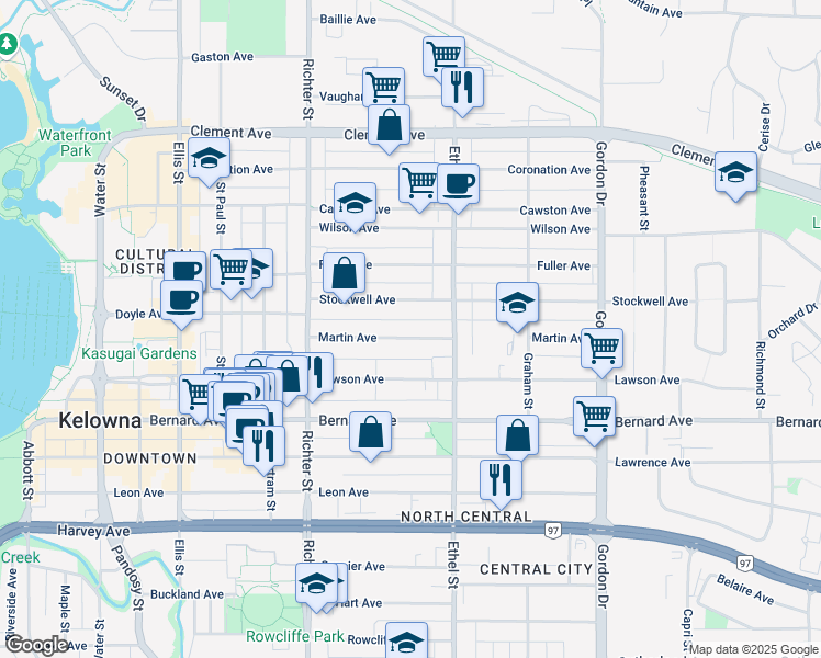 map of restaurants, bars, coffee shops, grocery stores, and more near 832 Martin Avenue in Kelowna