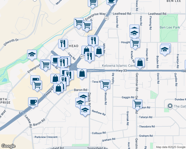 map of restaurants, bars, coffee shops, grocery stores, and more near 135 Ziprick Road in Kelowna