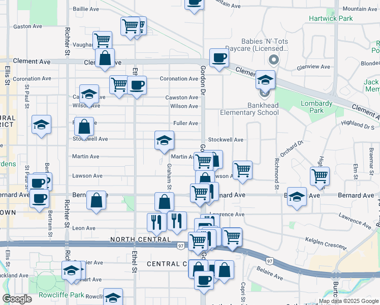 map of restaurants, bars, coffee shops, grocery stores, and more near in Kelowna