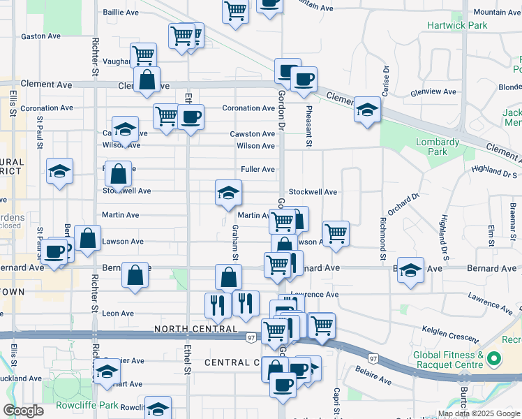 map of restaurants, bars, coffee shops, grocery stores, and more near in Kelowna