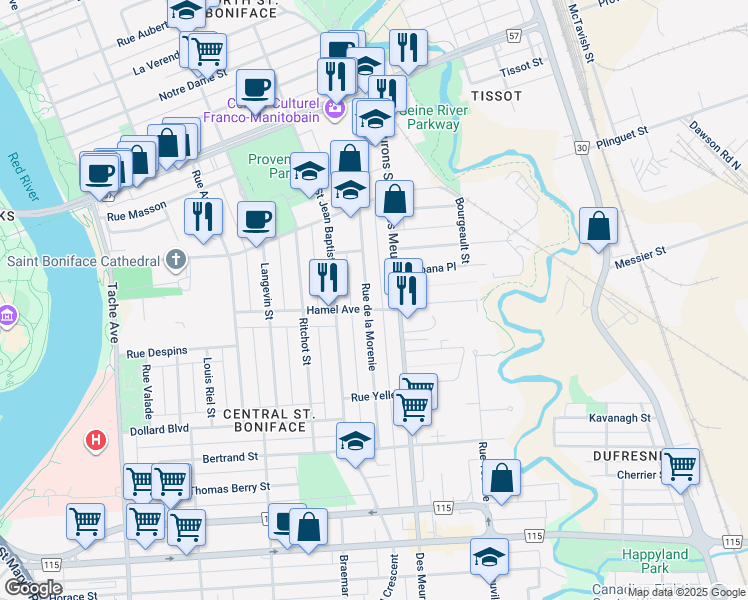 map of restaurants, bars, coffee shops, grocery stores, and more near 502 Rue de la Morenie in Winnipeg