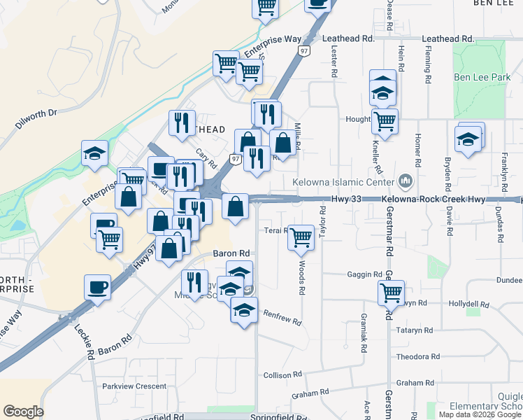 map of restaurants, bars, coffee shops, grocery stores, and more near in Kelowna