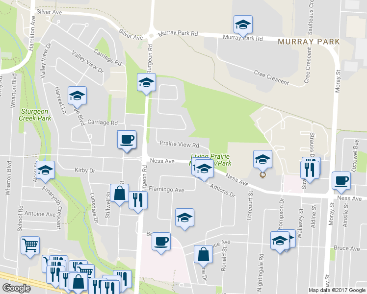 map of restaurants, bars, coffee shops, grocery stores, and more near 34 Prairie View Road in Winnipeg