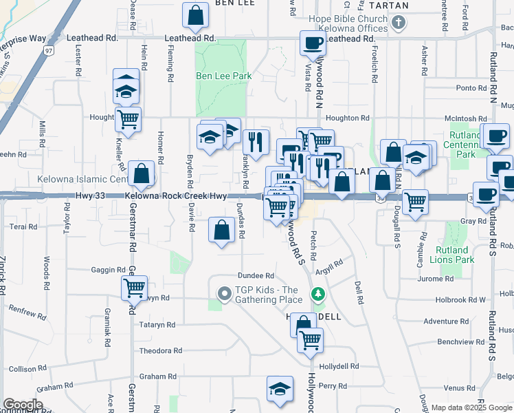 map of restaurants, bars, coffee shops, grocery stores, and more near 130 Barber Road in Kelowna