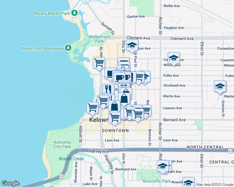 map of restaurants, bars, coffee shops, grocery stores, and more near 1424 Ellis Street in Kelowna