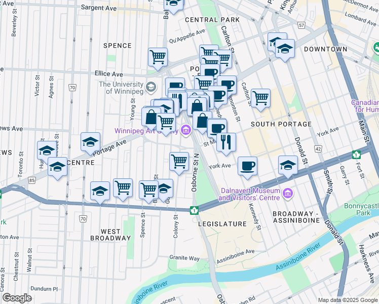 map of restaurants, bars, coffee shops, grocery stores, and more near 274 Osborne Street North in Winnipeg