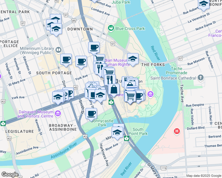 map of restaurants, bars, coffee shops, grocery stores, and more near 123 Main Street in Winnipeg
