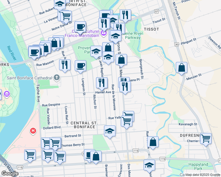 map of restaurants, bars, coffee shops, grocery stores, and more near 502 Rue de la Morenie in Winnipeg