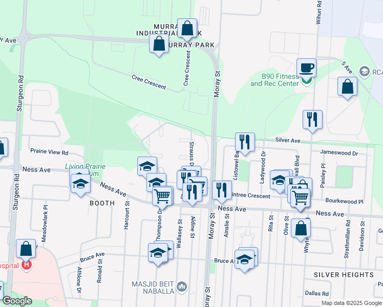 map of restaurants, bars, coffee shops, grocery stores, and more near 55 Strauss Drive in Winnipeg