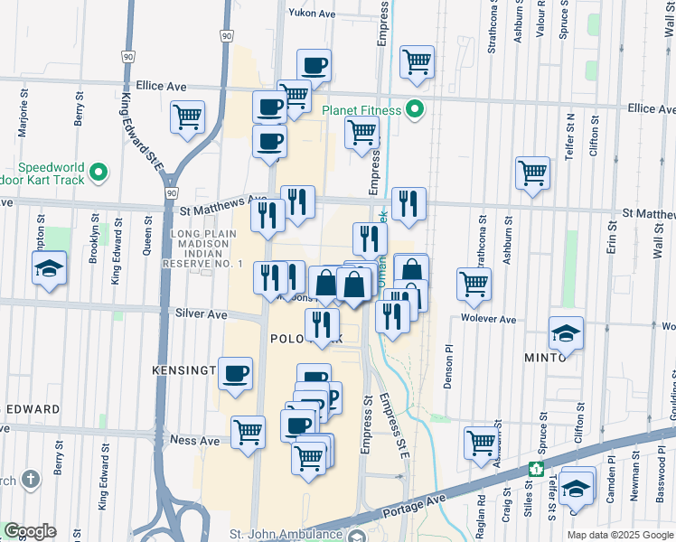 map of restaurants, bars, coffee shops, grocery stores, and more near 737-895 Empress St in Winnipeg