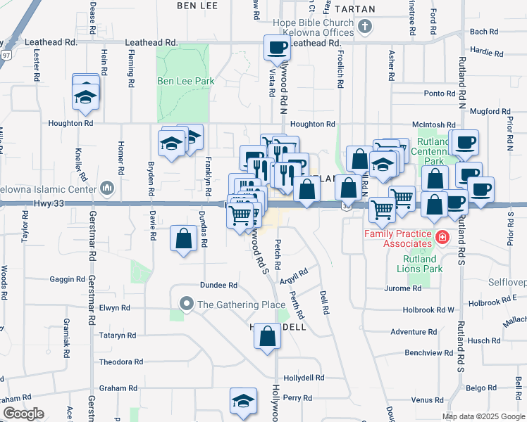 map of restaurants, bars, coffee shops, grocery stores, and more near 191 Hollywood Road South in Kelowna