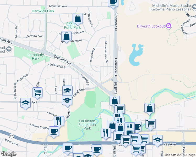 map of restaurants, bars, coffee shops, grocery stores, and more near 1390 Dilworth Crescent in Kelowna