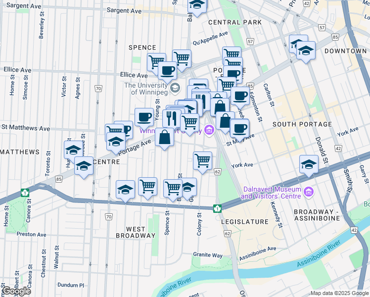 map of restaurants, bars, coffee shops, grocery stores, and more near 242 Good Street in Winnipeg