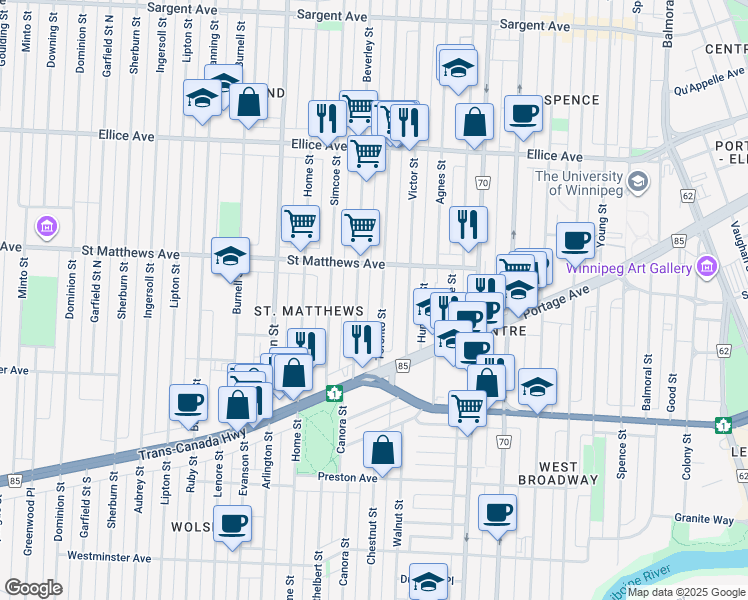 map of restaurants, bars, coffee shops, grocery stores, and more near 291 Beverley Street in Winnipeg