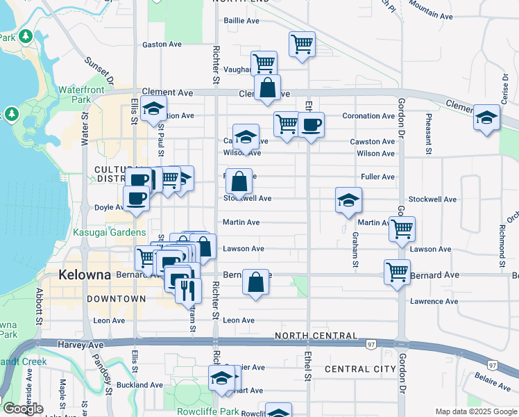 map of restaurants, bars, coffee shops, grocery stores, and more near 795 Stockwell Avenue in Kelowna