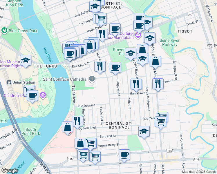 map of restaurants, bars, coffee shops, grocery stores, and more near 520 Aulneau Street in Winnipeg