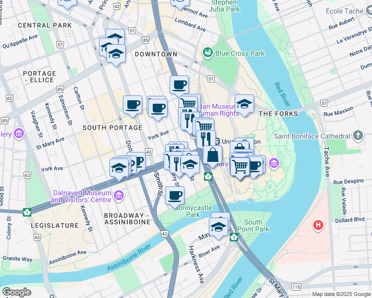 map of restaurants, bars, coffee shops, grocery stores, and more near in Winnipeg