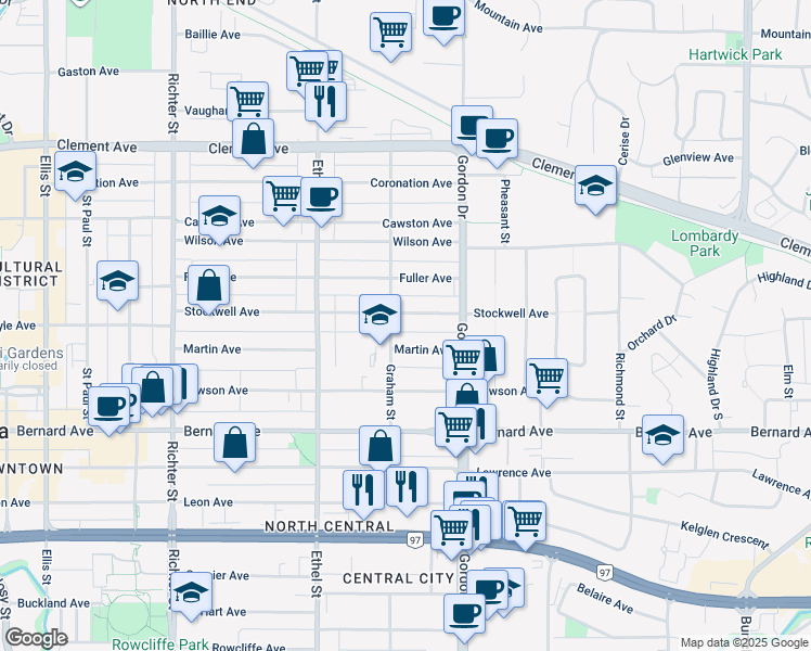map of restaurants, bars, coffee shops, grocery stores, and more near in Kelowna