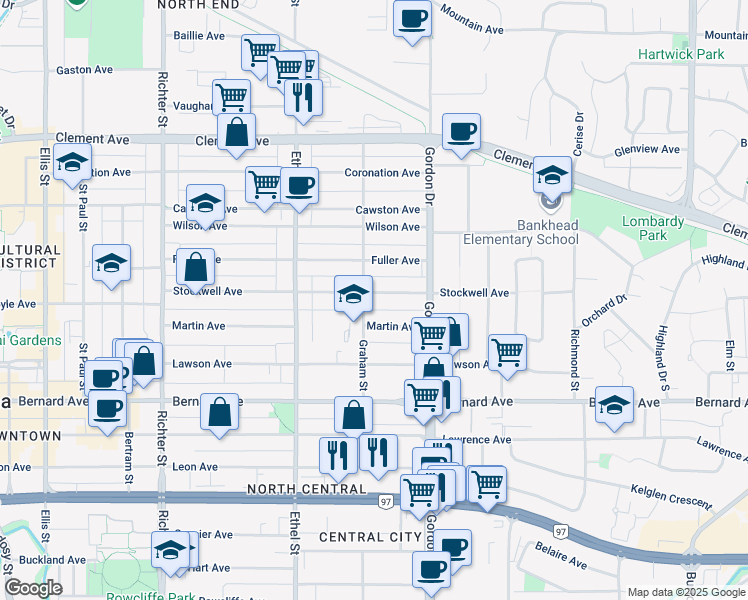 map of restaurants, bars, coffee shops, grocery stores, and more near in Kelowna
