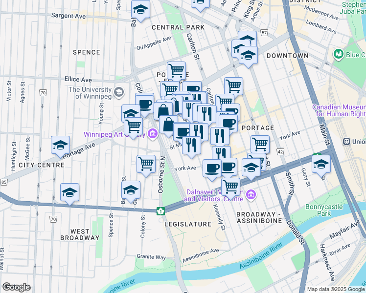 map of restaurants, bars, coffee shops, grocery stores, and more near 444 Saint Mary Avenue in Winnipeg