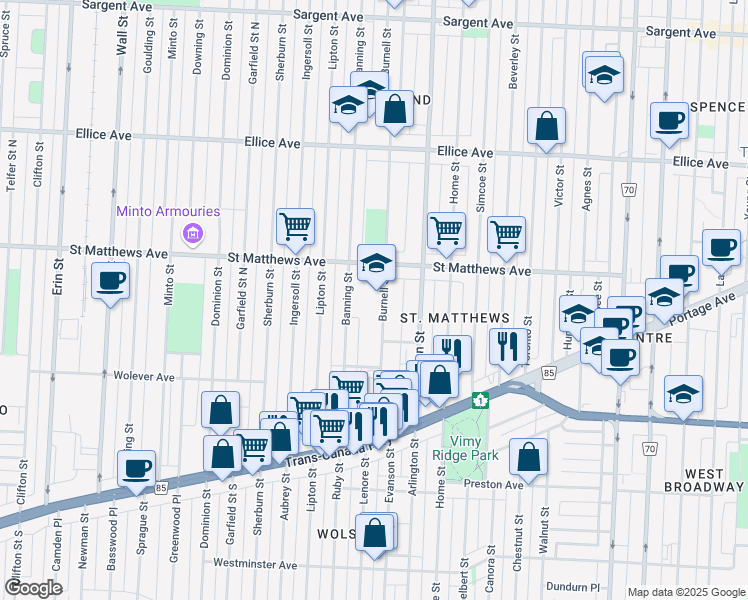 map of restaurants, bars, coffee shops, grocery stores, and more near 390 Burnell Street in Winnipeg
