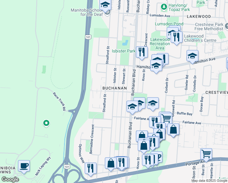 map of restaurants, bars, coffee shops, grocery stores, and more near Isbister Street in Winnipeg