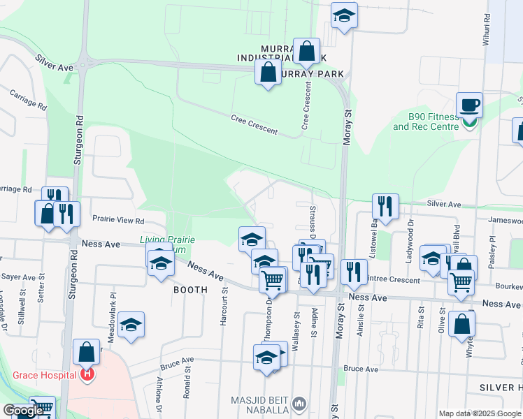 map of restaurants, bars, coffee shops, grocery stores, and more near 525 Thompson Drive in Winnipeg