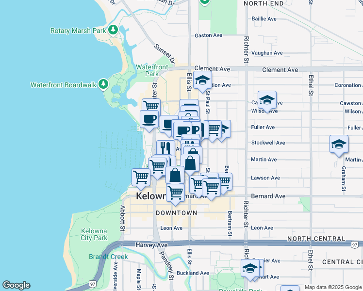 map of restaurants, bars, coffee shops, grocery stores, and more near 1424 Ellis Street in Kelowna