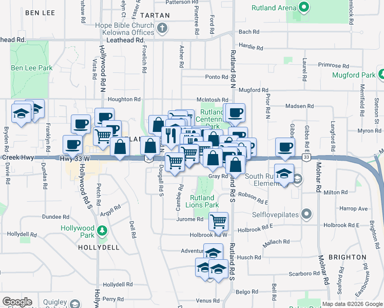 map of restaurants, bars, coffee shops, grocery stores, and more near 301 Highway 33 in Kelowna