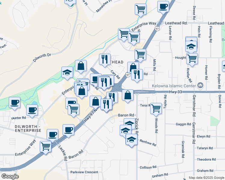 map of restaurants, bars, coffee shops, grocery stores, and more near 2486 Highway 97 North in Kelowna