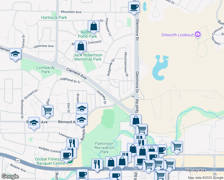map of restaurants, bars, coffee shops, grocery stores, and more near 1370 Ridgeway Drive in Kelowna
