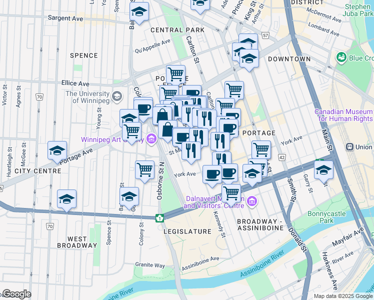 map of restaurants, bars, coffee shops, grocery stores, and more near 444 Saint Mary Avenue in Winnipeg