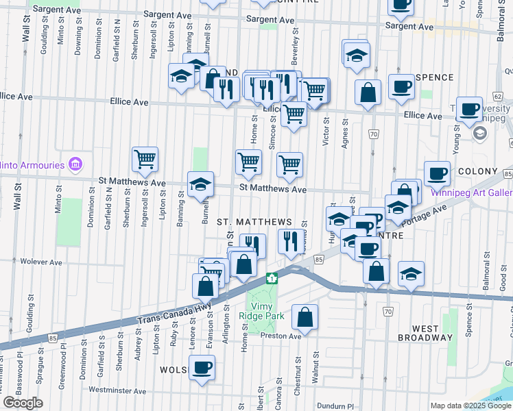 map of restaurants, bars, coffee shops, grocery stores, and more near 415 Home Street in Winnipeg