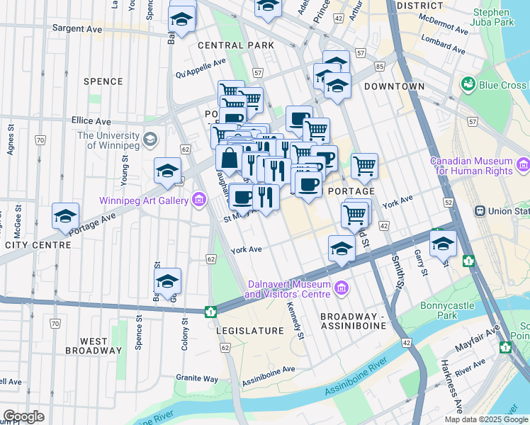 map of restaurants, bars, coffee shops, grocery stores, and more near 208 Edmonton Street in Winnipeg