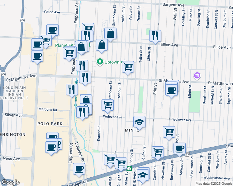 map of restaurants, bars, coffee shops, grocery stores, and more near 826 Ashburn Street in Winnipeg