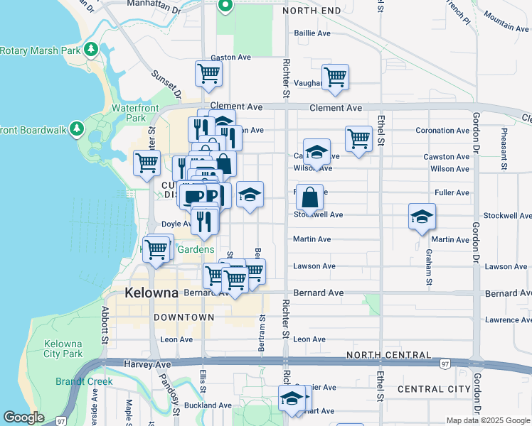 map of restaurants, bars, coffee shops, grocery stores, and more near 615 Fuller Avenue in Kelowna