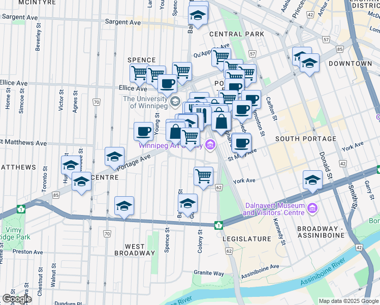 map of restaurants, bars, coffee shops, grocery stores, and more near 525 Saint Mary Avenue in Winnipeg