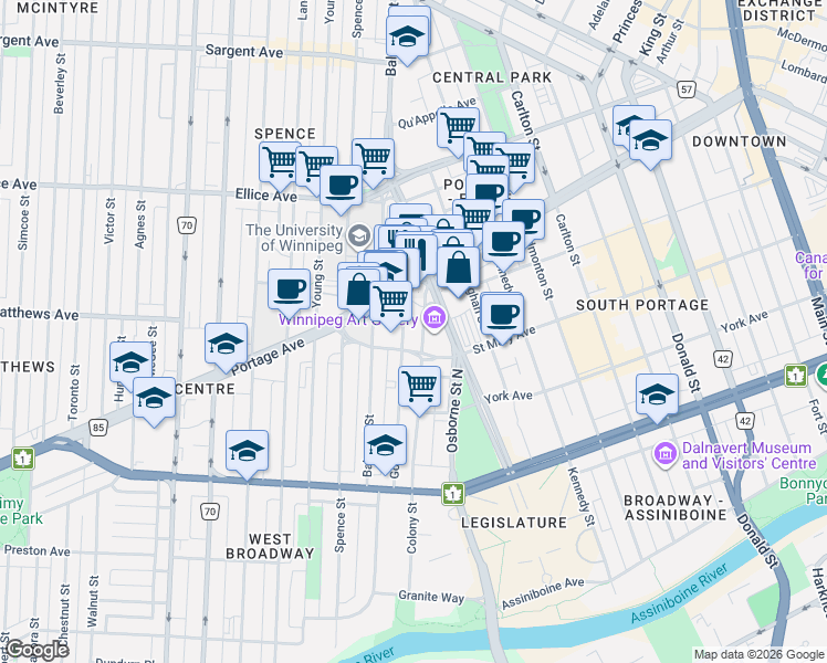 map of restaurants, bars, coffee shops, grocery stores, and more near 324 Good Street in Winnipeg