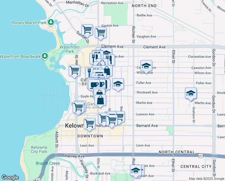 map of restaurants, bars, coffee shops, grocery stores, and more near 550 Doyle Avenue in Kelowna