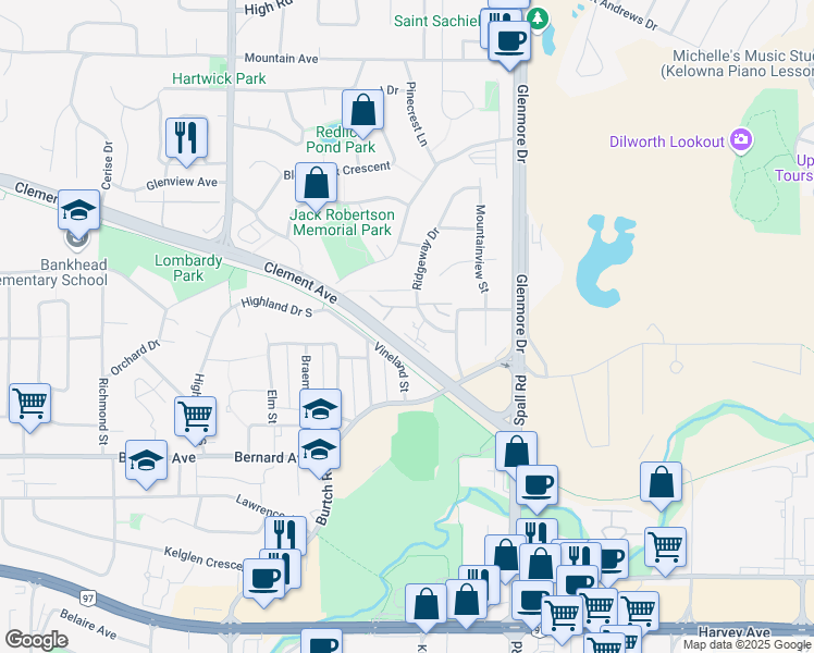 map of restaurants, bars, coffee shops, grocery stores, and more near in Kelowna