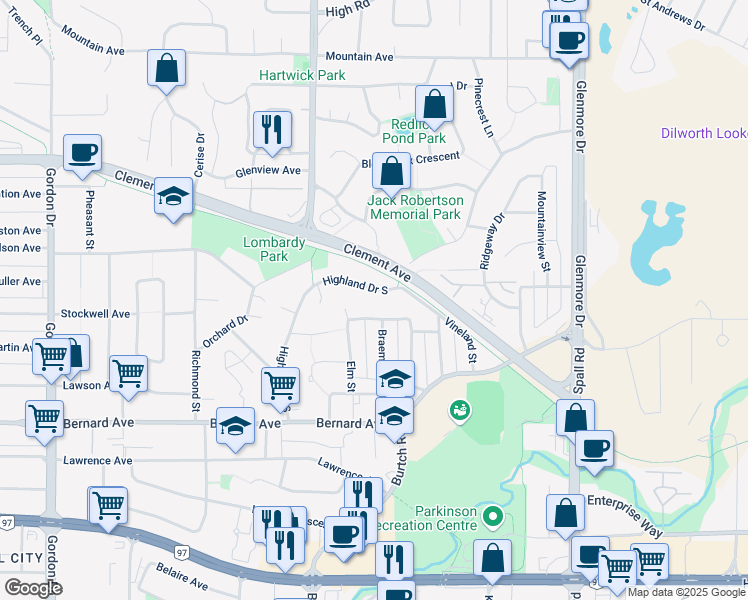map of restaurants, bars, coffee shops, grocery stores, and more near 1335 Highland Drive South in Kelowna