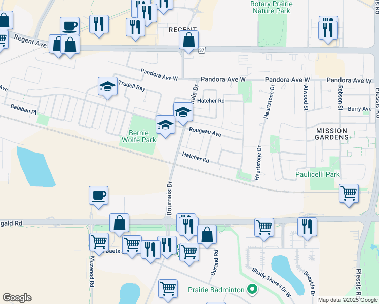 map of restaurants, bars, coffee shops, grocery stores, and more near 15 Hatcher Road in Winnipeg