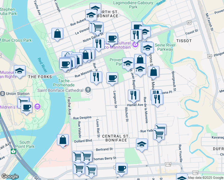 map of restaurants, bars, coffee shops, grocery stores, and more near 254 Avenue de la Cathedrale in Winnipeg