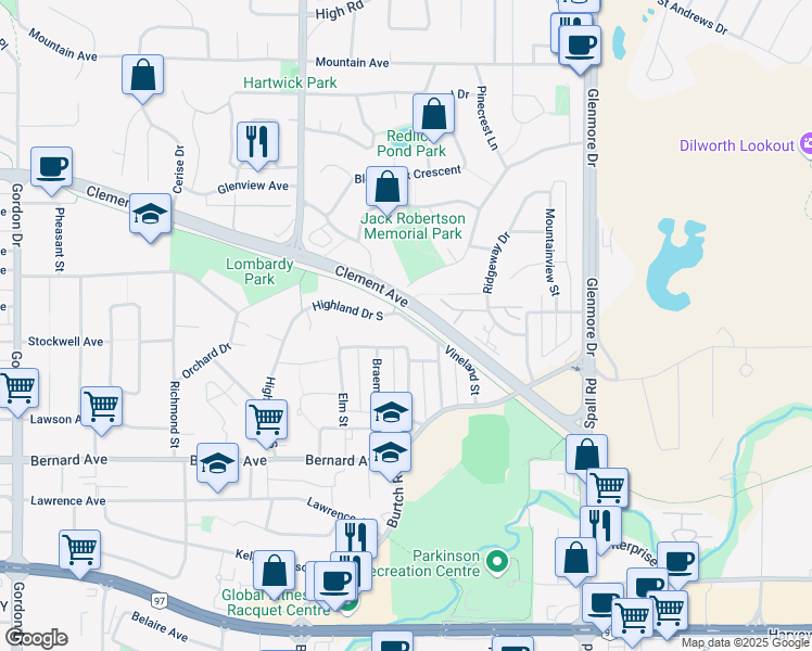 map of restaurants, bars, coffee shops, grocery stores, and more near 1330 Vineland Street in Kelowna