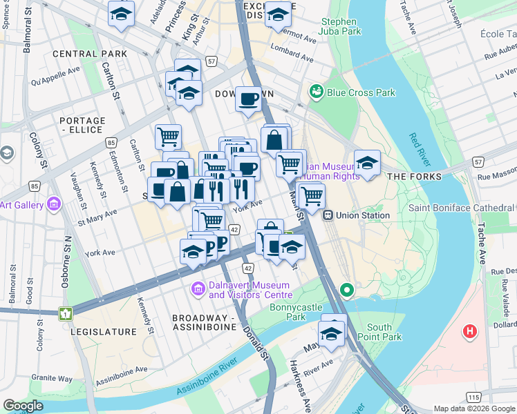 map of restaurants, bars, coffee shops, grocery stores, and more near 155 Garry Street in Winnipeg