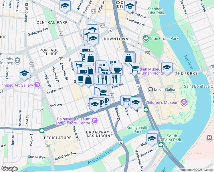map of restaurants, bars, coffee shops, grocery stores, and more near 160 Smith Street in Winnipeg